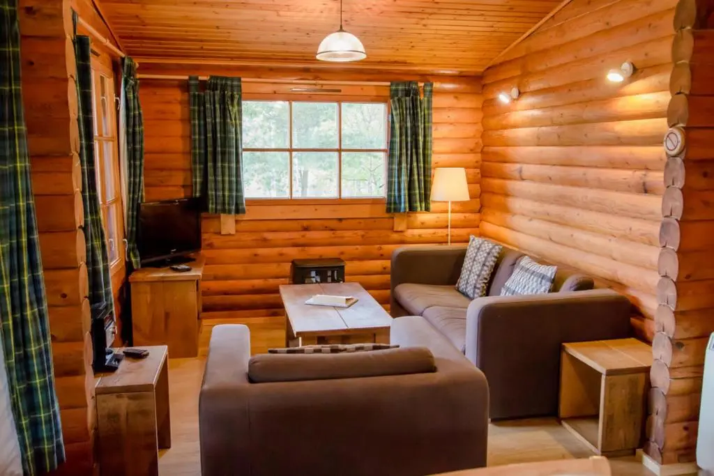 a living room with a couch and a table at Bynack in Aviemore