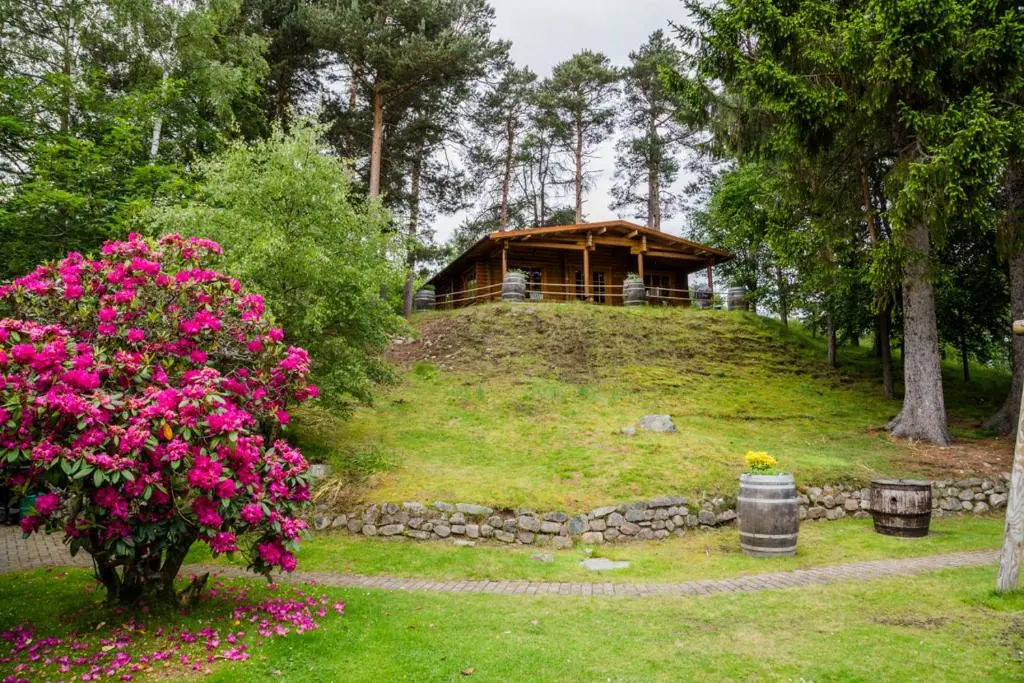 a house on top of a hill with pink flowers at Bynack in Aviemore