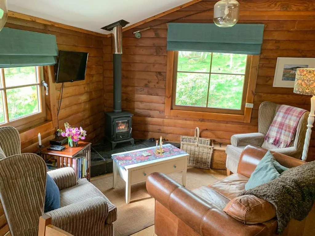 a living room with a stove in a log cabin at Squirrel View in Newtonmore