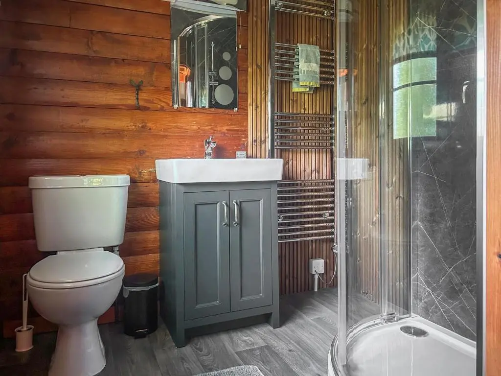 a bathroom with a toilet and a sink and a shower at Squirrel View in Newtonmore