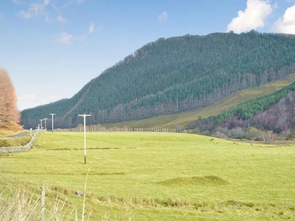 a field of green grass with a mountain in the background at Glacour Studio Cottage in Bridgend