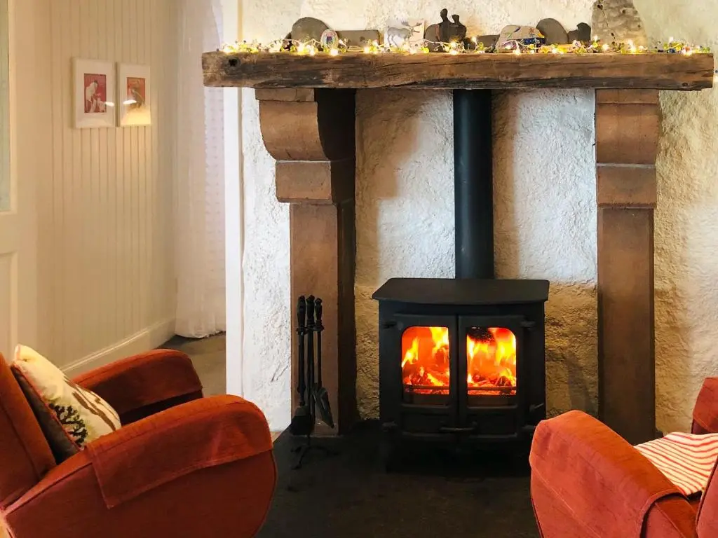 a fireplace in a living room with a fire at Owl Cottage in Kilmote