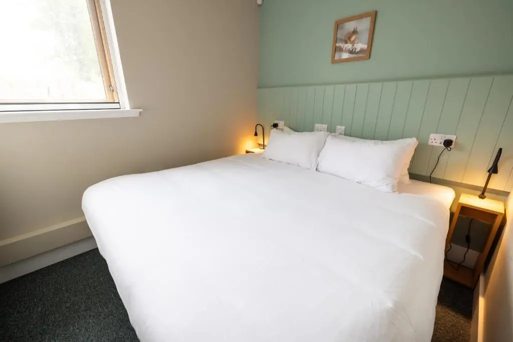 a large white bed in a room with a window at An Spiris Accommodation at Dundreggan Rewilding Centre in Dundreggan