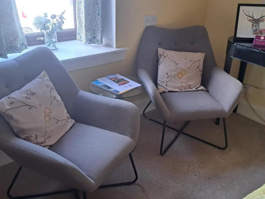 two chairs with pillows sitting in a living room at No 27 in Inverness