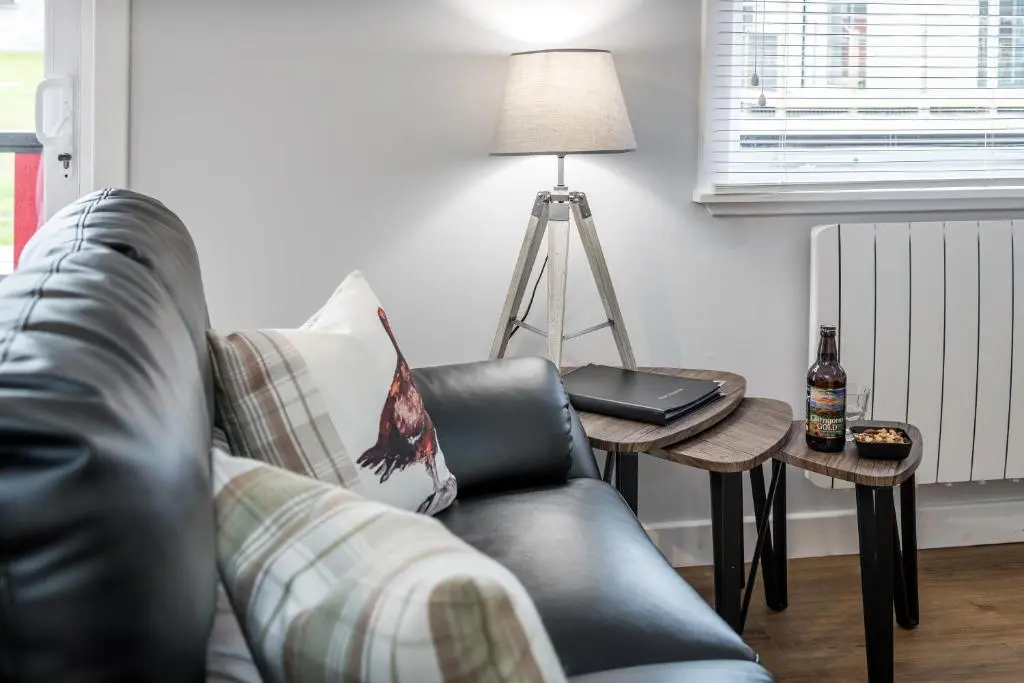 a living room with a couch and a table with a laptop at High Range Self-Catering Chalets in Aviemore