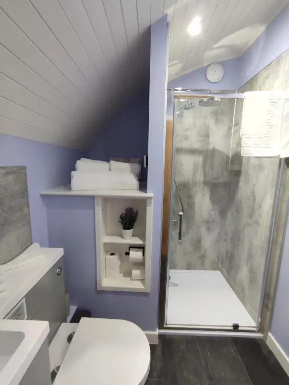 a bathroom with a shower and a toilet and a sink at Ben Rinnes in Keith