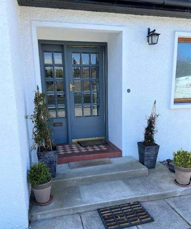 a blue door of a house with two potted plants at 26 Green Drive Inverness in Inshes