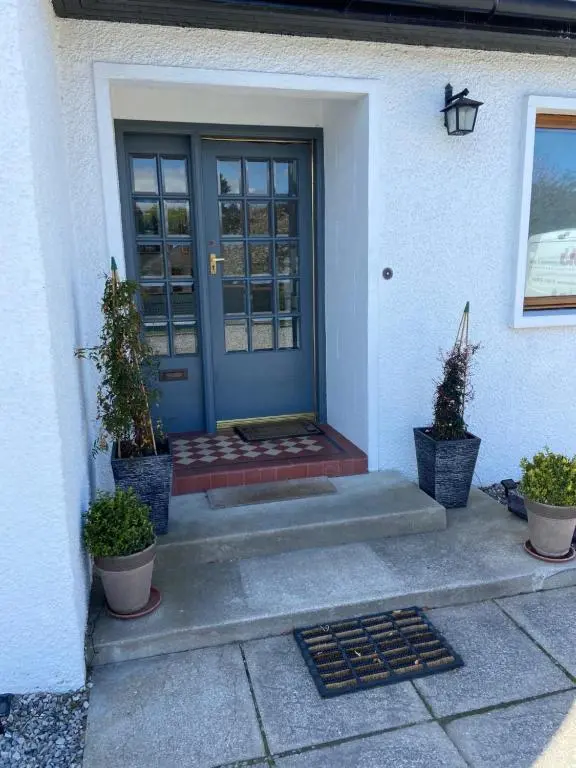 a blue door of a house with two potted plants at 26 Green Drive Inverness in Inshes