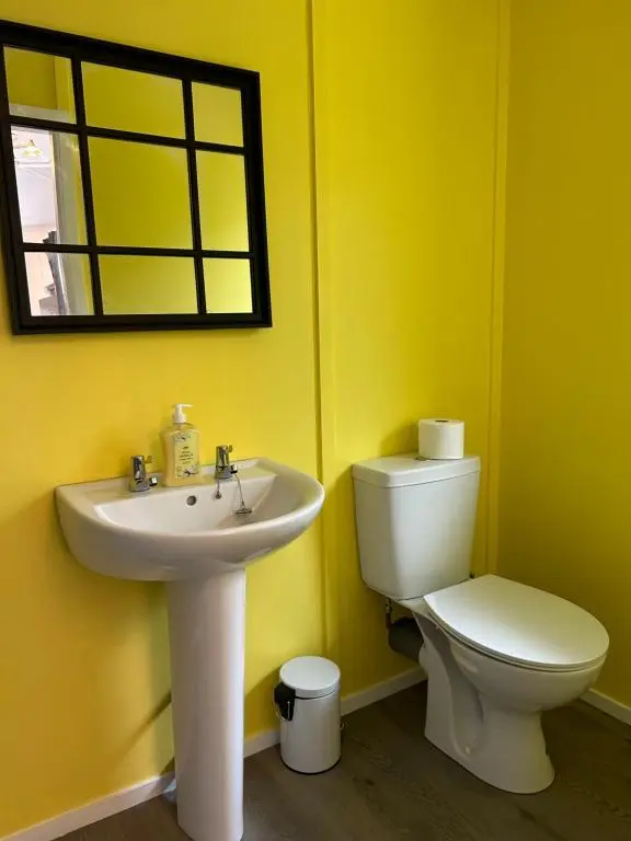 a bathroom with a sink and a toilet and a mirror at 1Lochness glam lodges in Inverness