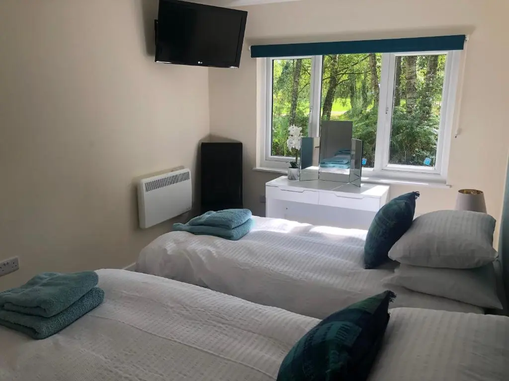two beds in a room with a window and a television at The South Cabin at Easter Arr in Nairn