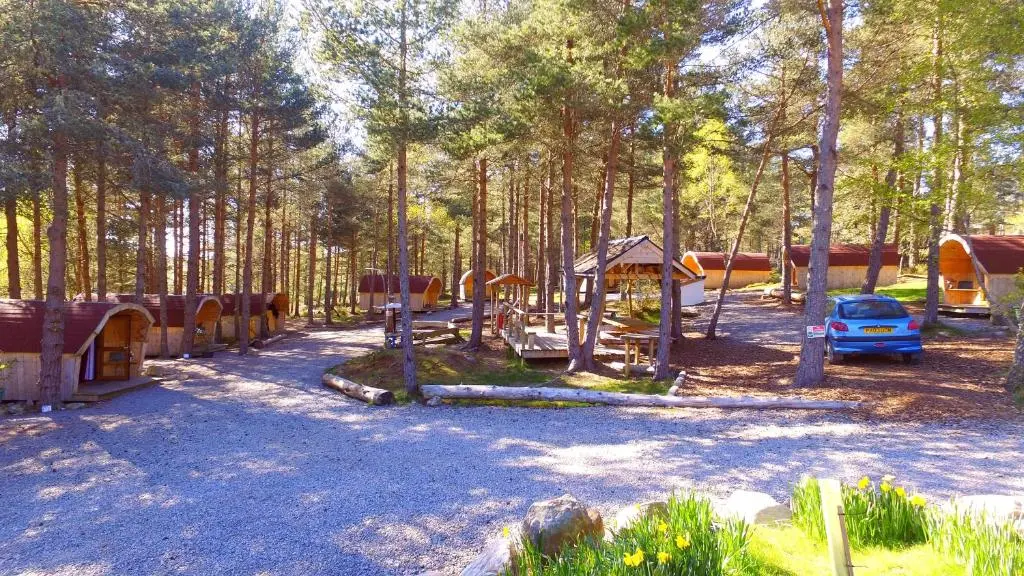 a park with a playground and a car in the woods at Camping Pod Heaven in Brackla