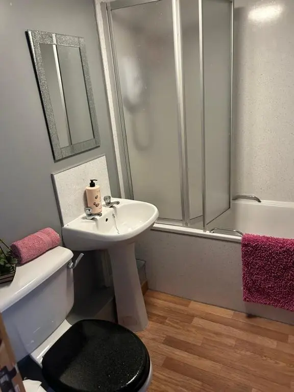 a bathroom with a sink and a shower and a toilet at Saint Blue Apartment in Tain