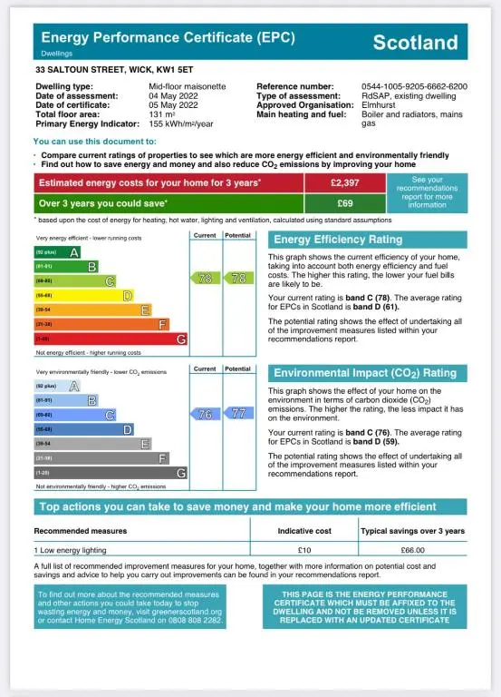 a screenshot of a document with the emergency performance certificate frp section at 3 Bedroom Townhouse on NC500, Wick, Highland in Wick