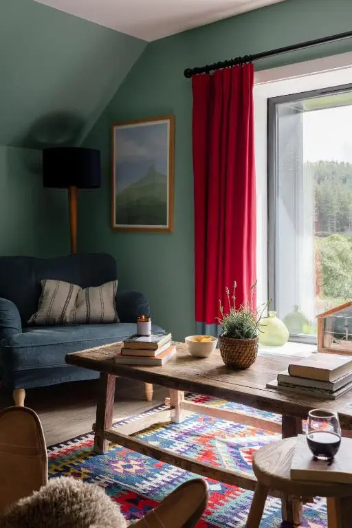 a living room with a table and a red curtain at The Hayloft in Banchory
