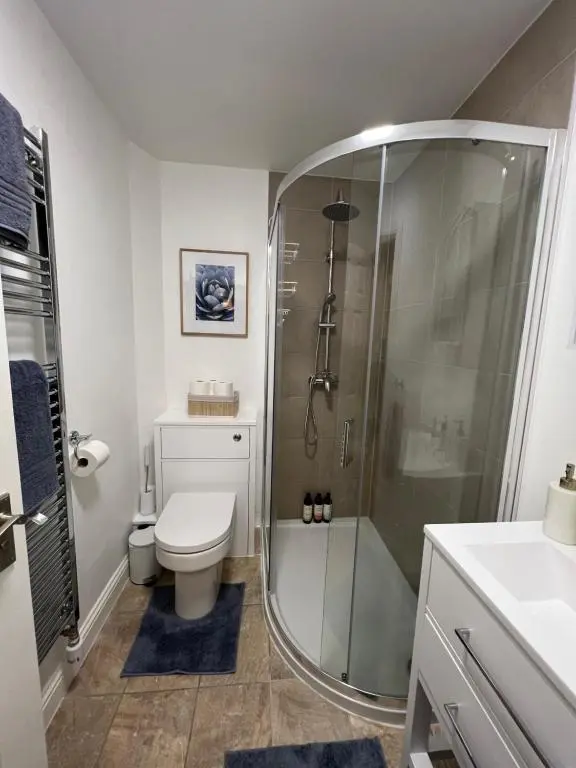 a bathroom with a shower and a toilet and a sink at Lossie Self-Catering Apartment in Lossiemouth