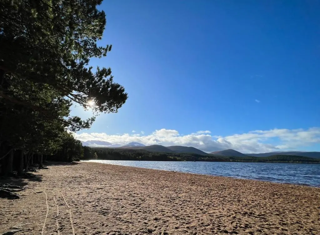 a sandy beach next to a body of water at Silver Birch Lodge Aviemore in Aviemore