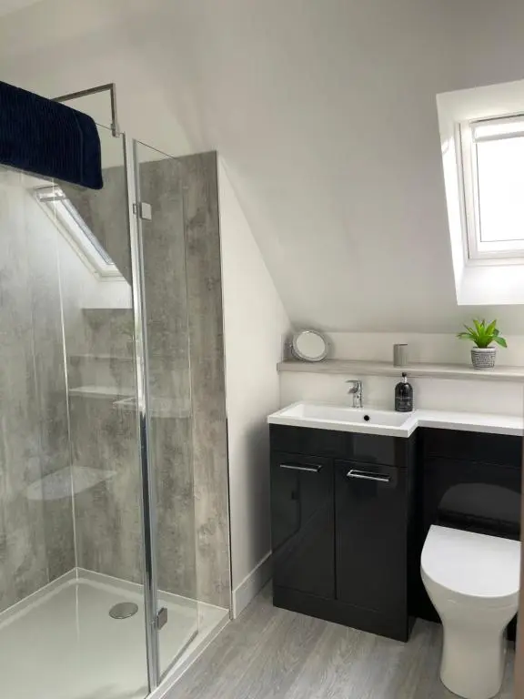 a bathroom with a shower and a toilet and a sink at Lochside Loft - Self Catering Apartment for 2 In a great location for Inverness Airport and both Cabot Highlands & Nairn Golf Courses in Inverness