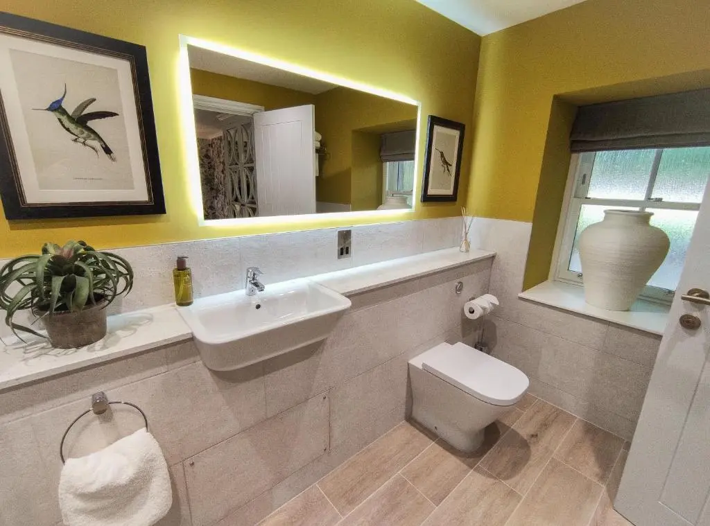a bathroom with a sink and a toilet and a mirror at Cathedral House in Dornoch