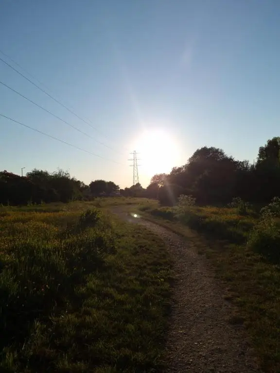 a dirt road in a field with the sun in the sky at Serviced Apartment - Aberdeen in Dyce