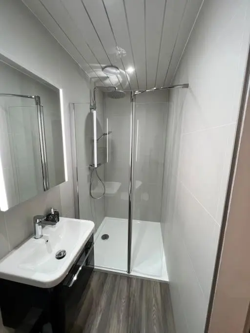 a white bathroom with a shower and a sink at Kingsmills Apartment in Inverness