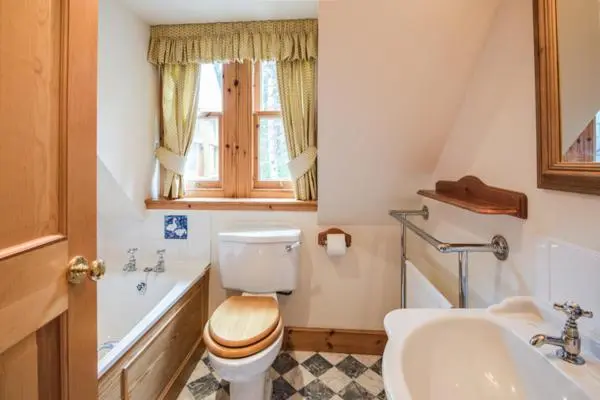 a bathroom with a toilet and a sink at Rymore Wood Lodge - Seasgair Lodges in Nethy Bridge