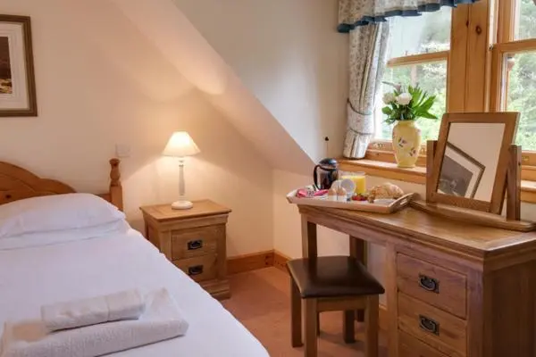 a bedroom with a bed and a desk with a mirror at Rymore Wood Lodge - Seasgair Lodges in Nethy Bridge