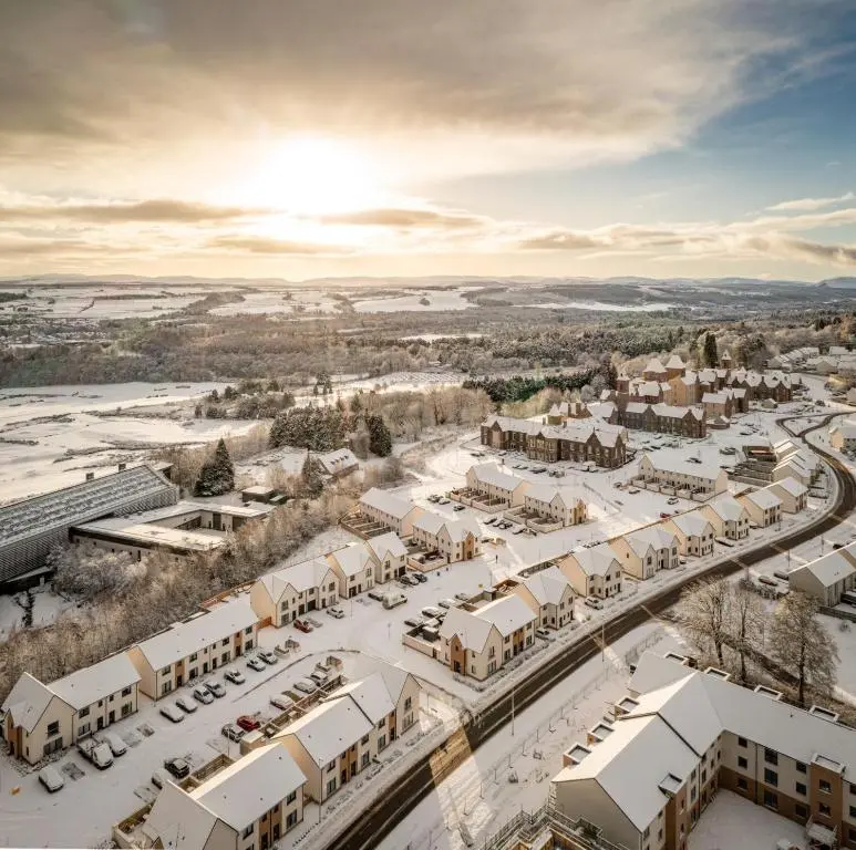 an aerial view of a town in the snow at Fletcher's Gate in Inverness
