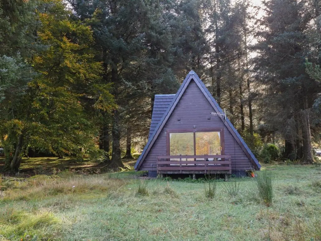 a small purple cabin in a field with trees at 27 Invergarry Lodges in Spean Bridge
