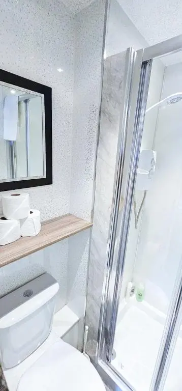 a bathroom with a shower and a toilet and a sink at mySTAYINN Kinloch 7 Bedroom House in Inverness