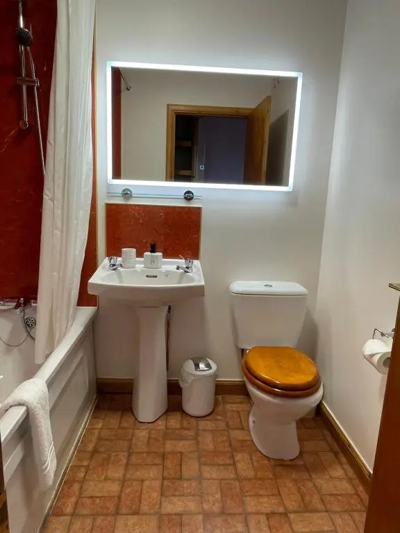a bathroom with a toilet and a sink and a mirror at Peaceful Sea View Home only 5 miles from Inverness in North Kessock