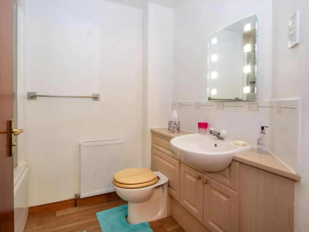 a bathroom with a sink and a toilet and a mirror at Holm Dell Apartment in Inshes