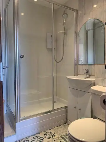 a bathroom with a shower and a toilet and a sink at Modern One Bedroom Apartment in Lossiemouth