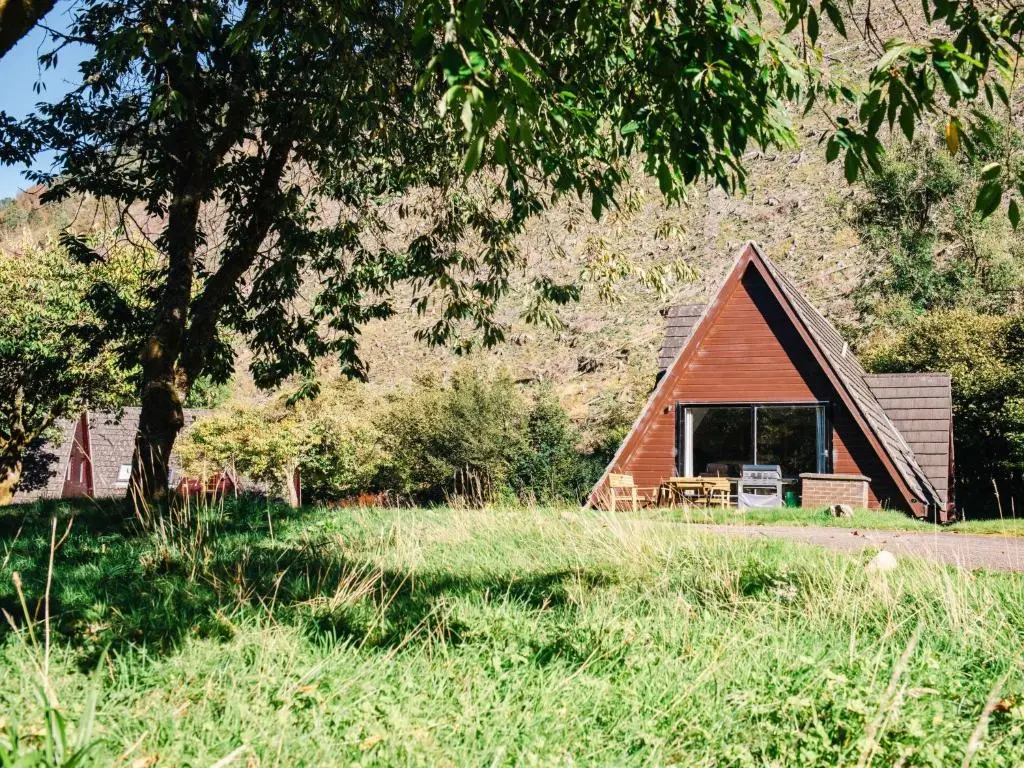 a small cabin in a field next to a tree at Chalet Caledonia Lodge by Interhome in Spean Bridge