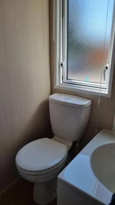 a bathroom with a white toilet and a window at Coorie Nook, Chalet 103 in Aviemore