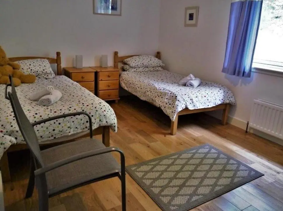 a bedroom with two twin beds and a chair at Osprey Cottage in Aviemore