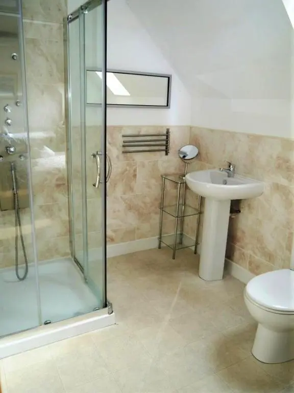 a bathroom with a shower and a toilet and a sink at Osprey Cottage in Aviemore