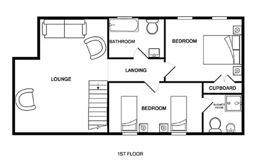 a black and white floor plan of a house at Osprey Cottage in Aviemore