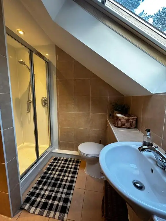 a bathroom with a shower and a sink and a toilet at Findhorn Lodge in Findhorn