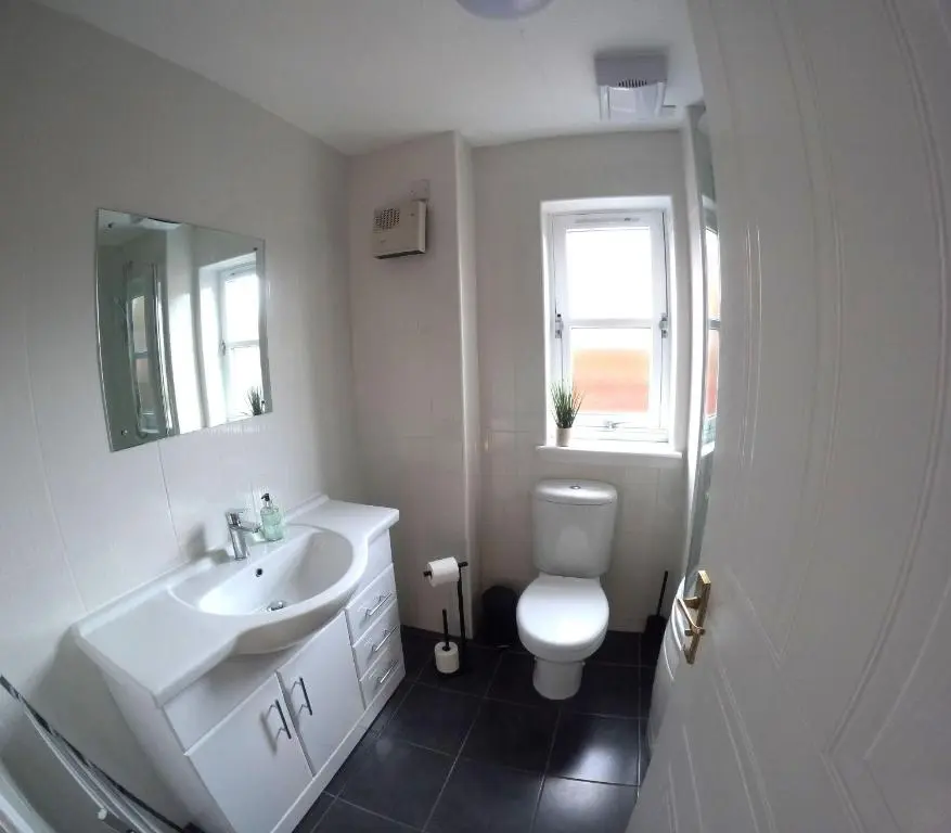 a white bathroom with a sink and a toilet at Orange Squirrel Lodge in Aviemore