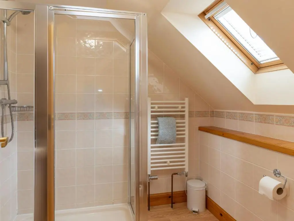 a bathroom with a shower and a toilet at Villa Osprey House by Interhome in Nethy Bridge