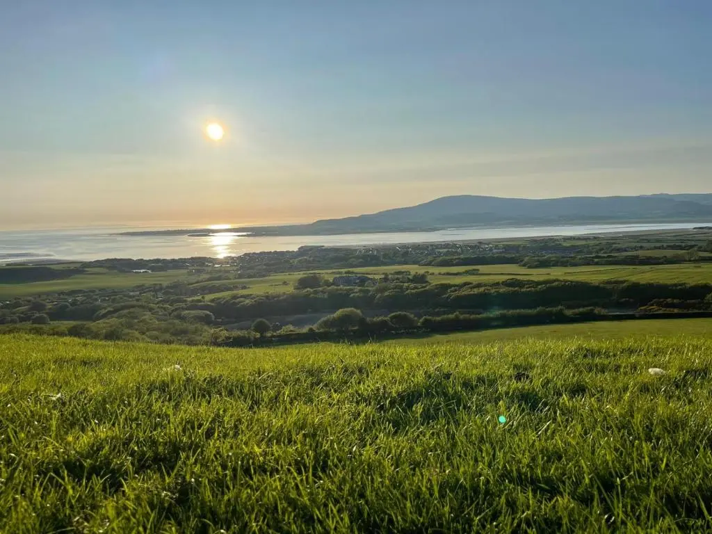a field of green grass with the sun in the sky at The Highlander in Tain