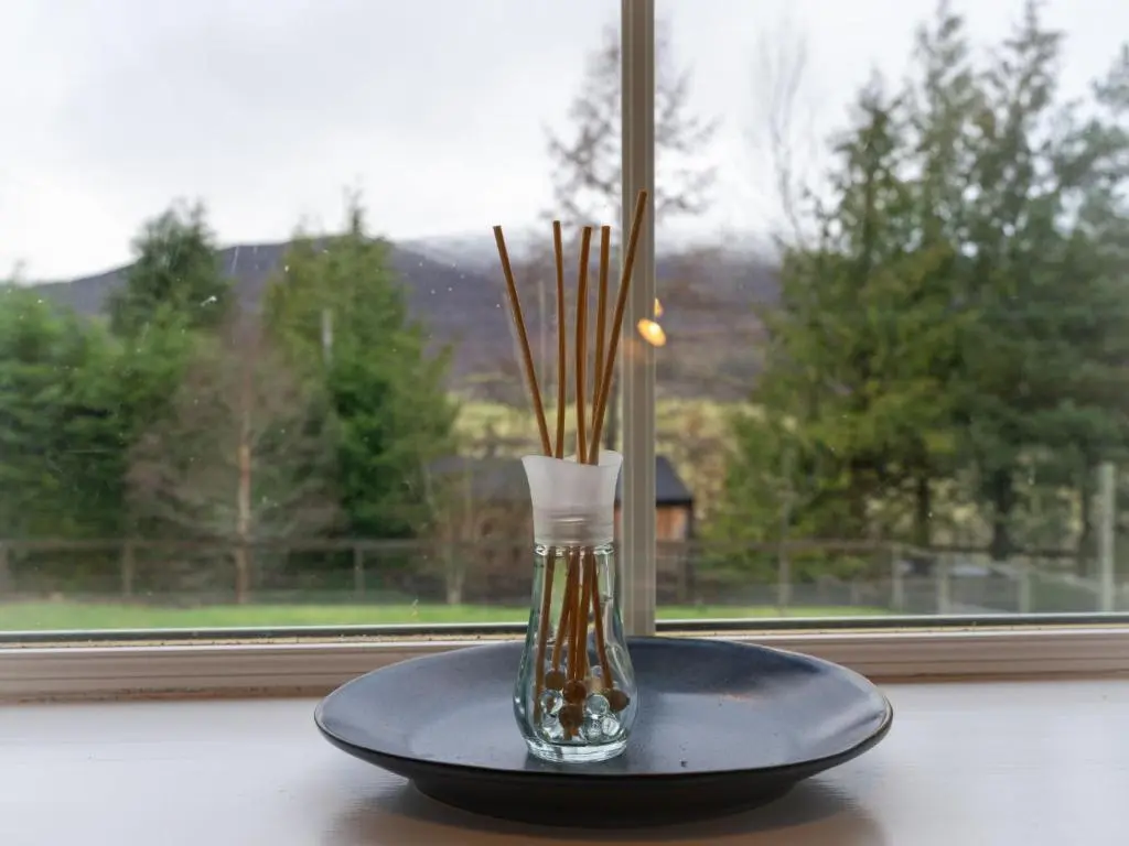 a vase with sticks in it sitting on a window sill at Holiday Home Railway House by Interhome in Aviemore