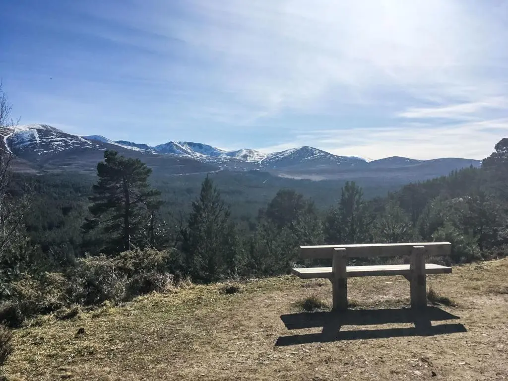 a bench sitting on top of a hill with mountains at Holiday Home Railway House by Interhome in Aviemore