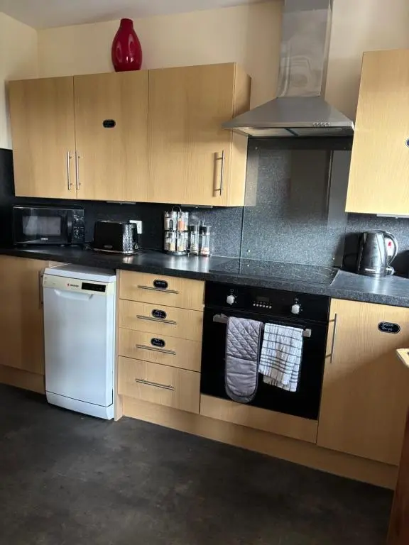 a kitchen with wooden cabinets and a white dishwasher at Cameron apartment Loch Ness in Fort Augustus