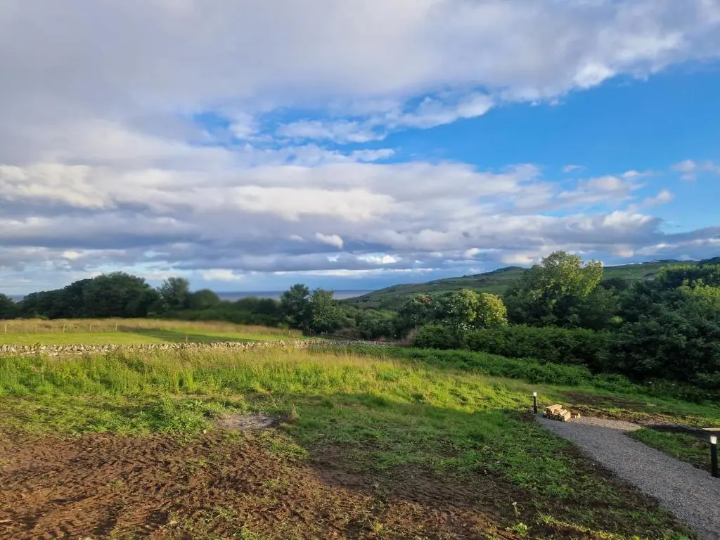a field with a herd of sheep in the distance at Byrnside Lodge in Latheron