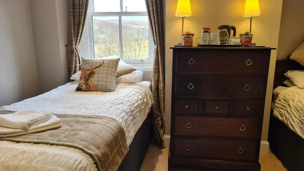 a bedroom with a bed and a dresser with a cat sitting on it at Glenisla Hotel in Blairgowrie