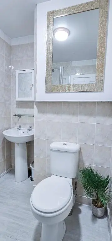 a bathroom with a toilet and a sink and a mirror at Fraser 2 Bedroom Apartment - Inverness in Inverness