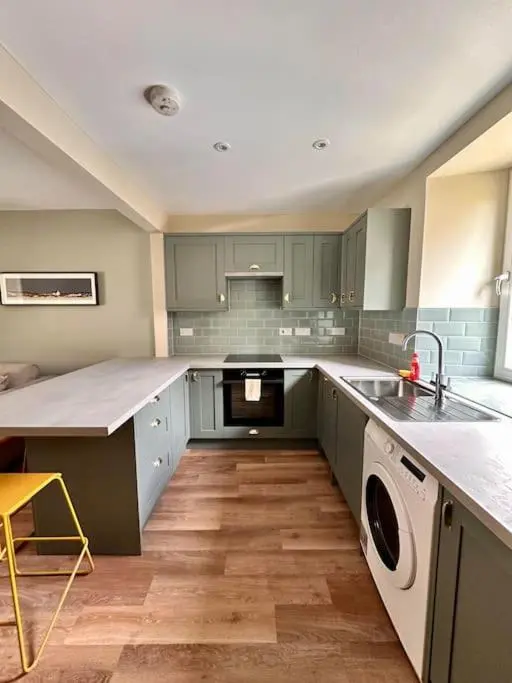 a kitchen with green cabinets and a sink and a dishwasher at Warm and Cosy City Centre House in Inverness
