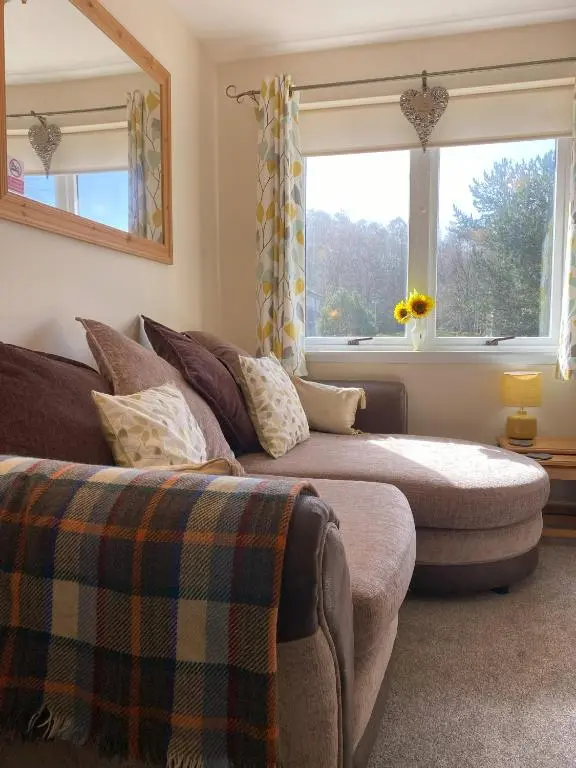 a living room with a couch and a window at Treetops - Bright 2 Bed Flat - Super Location in Inverness