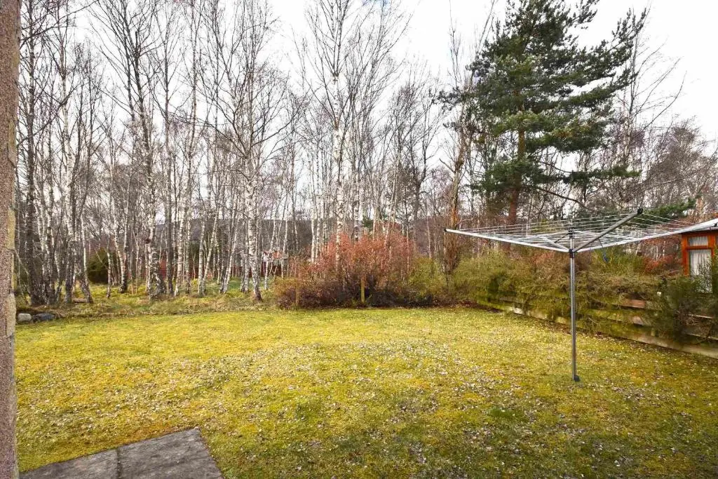a garden with a basketball hoop in a yard at Birch View in Aviemore